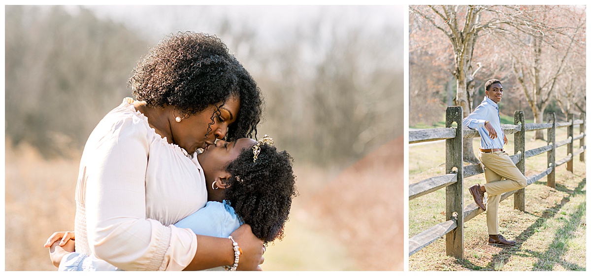 mother kissing her daughter and son leaning on split rail fence