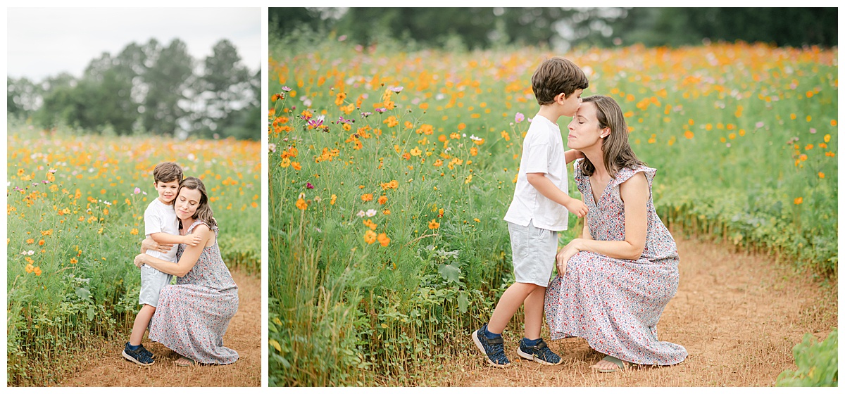 boy kissing his mother in a flower field things to do in winston salem nc