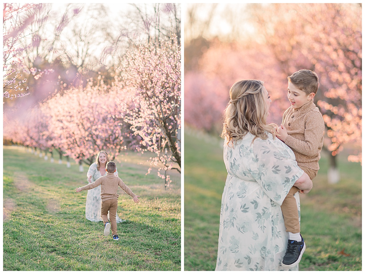 summer lifestyle photography with trees in bloom featuring mother and son.